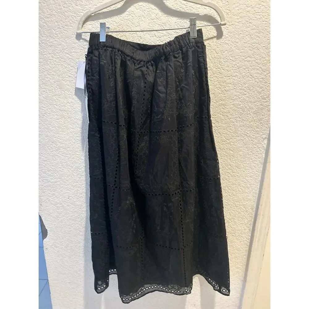 1. State Black Floral Embrodiered Cotton Midi Skirt Size S NWT